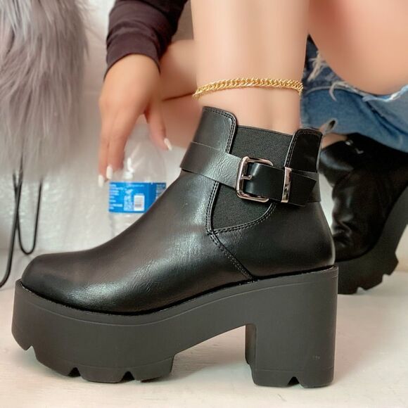 Black Biker Motorcycle Platform Booties - Picture 1 of 2